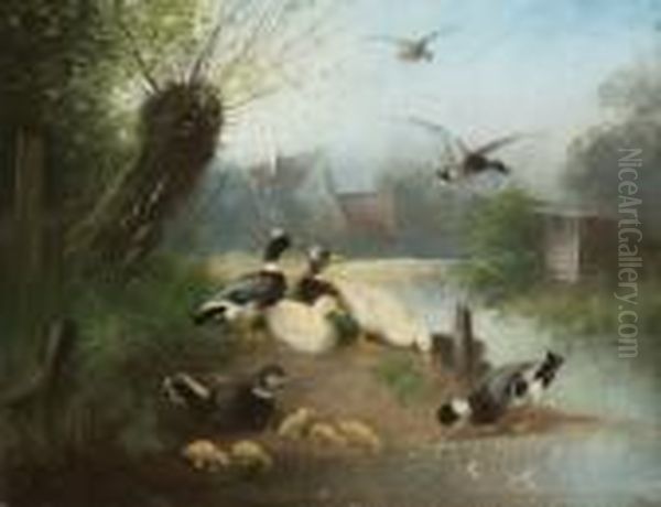 Enten Am Dorfbach. Oil Painting by Otto Scheuerer