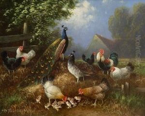 Pfau, Pfauhenne, Hahn, Huhner Und
 Kuken Oil Painting by Otto Scheuerer