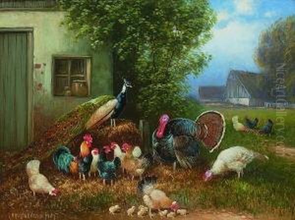 Truthahn, Pfau, Hahn, Huhner Und
 Kuken Oil Painting by Otto Scheuerer