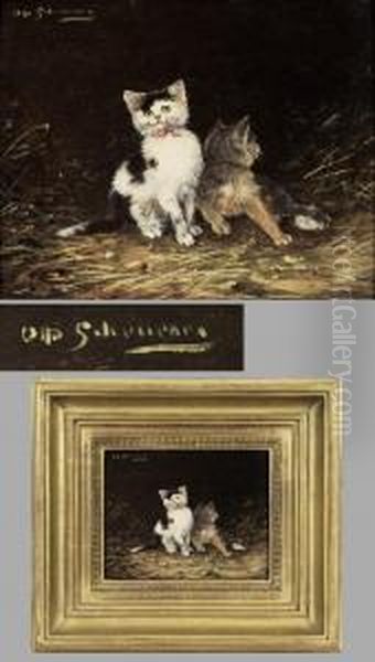 Junge Katzen Im Stroh Oil Painting by Otto Scheuerer