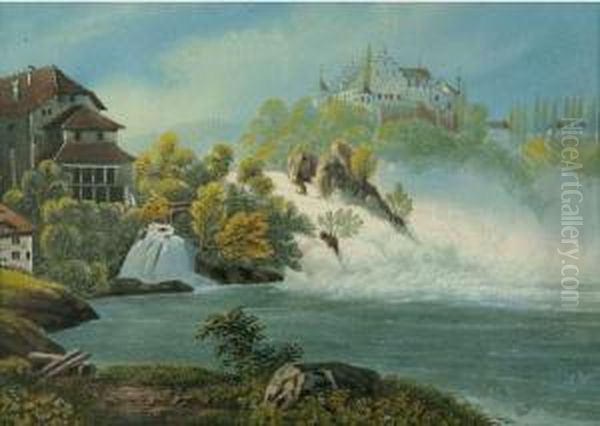 2 Bll: Rheinfall Bei Schaffhausen - Aussichtspunkt Am Rheinfall Bei Schaffhausen. Oil Painting by Caspar Johann Nepomuk Scheuren