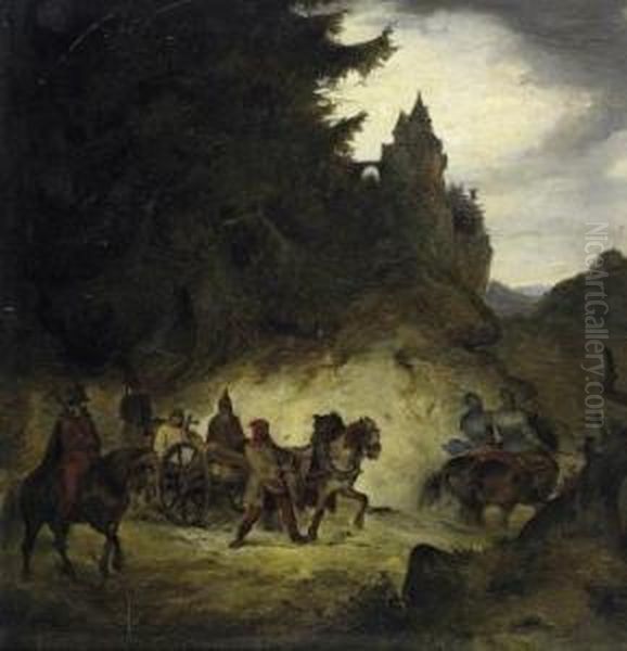 Travellers In The Mountains. In The Background On A Steep Cliff Is A Fortified Caste. Oil Painting by Caspar Johann Nepomuk Scheuren