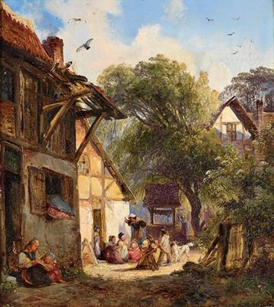 Idyllische Szene Vor Dem Haus Oil Painting by Caspar Johann Nepomuk Scheuren