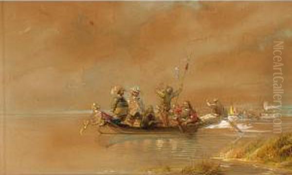 Soldiers On A Boat, One Blowing A Horn Oil Painting by Caspar Johann Nepomuk Scheuren