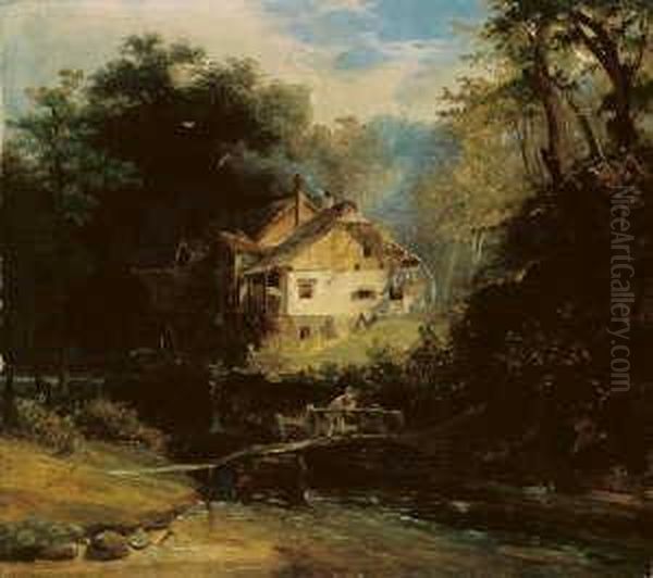 Bewaldete Landschaft Mit Einer 
Wassermuhle. Signiert Und Datiert Unten Links: C. Scheuren 1860. Ol Auf 
Leinwand. H 32; B 37 Cm. Oil Painting by Caspar Johann Nepomuk Scheuren