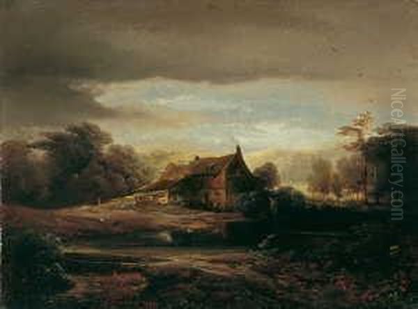 Landschaft Mit Gehoft Bei Aufziehendem Gewitter. Oil Painting by Caspar Johann Nepomuk Scheuren