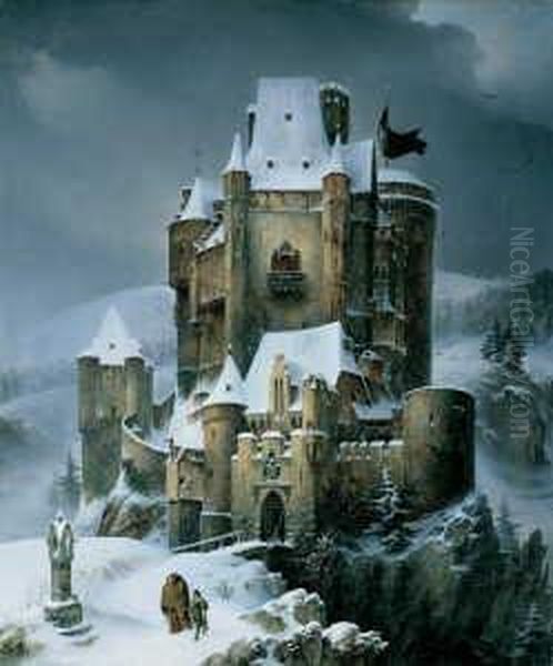 Ritterburg Im Schnee. Oil Painting by Caspar Johann Nepomuk Scheuren