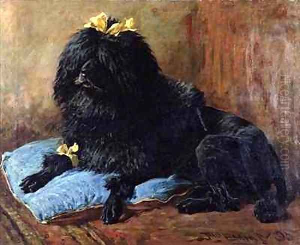 A Black Standard Poodle on a blue cushion Oil Painting by John Emms