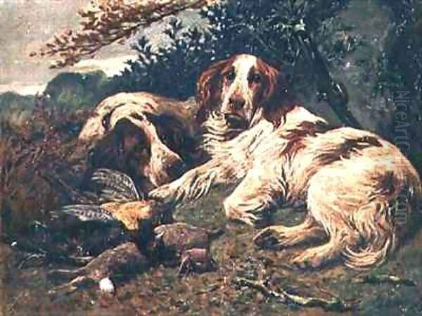 A Pair of Liver and White Clumber Spaniels by the Days Bag Oil Painting by John Emms