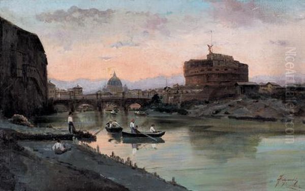 Roma, Lungotevere Con Veduta Di Castel Sant'angelo E San Pietro Oil Painting by Federico Schianchi