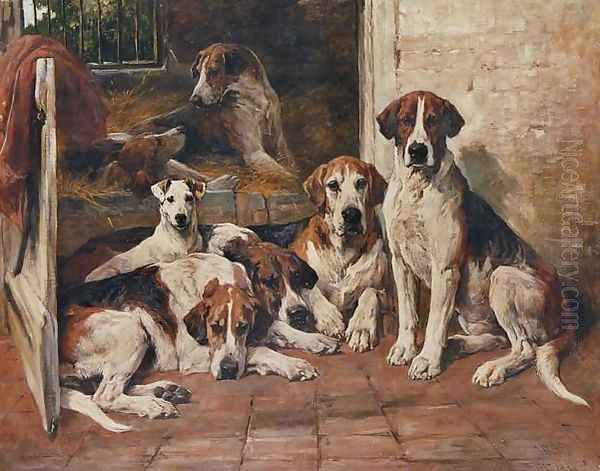 Hours of idleness, Hounds and a terrier in a kennel Oil Painting by John Emms