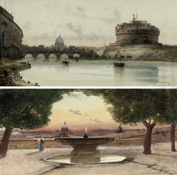 The Castel Sant'angelo, Rome; And The Fountain At The Villaborghese, Rome Oil Painting by Federico Schianchi