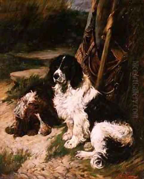 Brown and White and Black and White Spaniel Oil Painting by John Emms