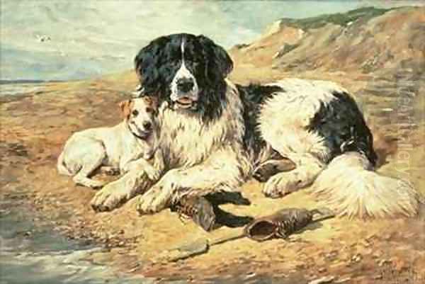 Dogs Watching Bathers Oil Painting by John Emms