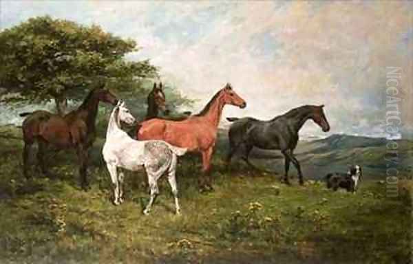 Mares and Foal with a Sheepdog Oil Painting by John Emms