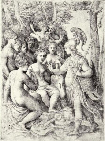 Minerva And The Muses (bartsch Vol. Xvi, 79) Oil Painting by Andrea Meldolla Schiavone