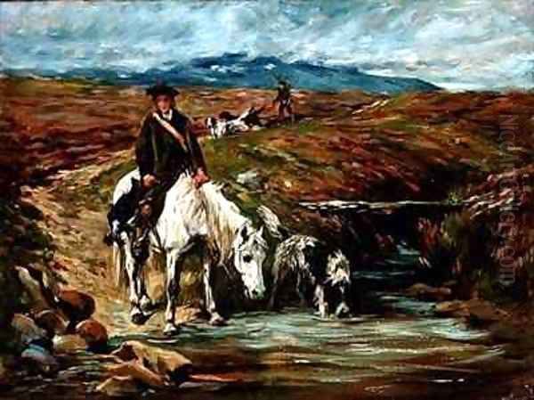 Horse and Spaniel Drinking from a Stream Oil Painting by John Emms