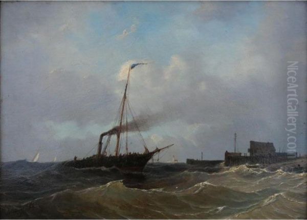 A Steam Vessel In Coastal Waters Oil Painting by Petrus Paulus Schiedges