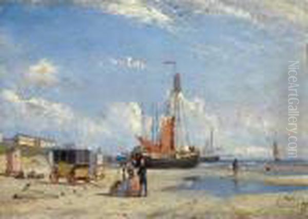 Figures On Scheveningen Beach Near The Badhotel And Paviljoen Von Wied Oil Painting by Petrus Paulus Schiedges