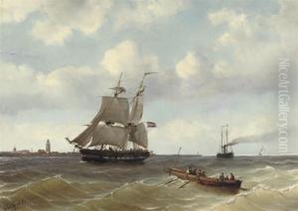 A Two-master And A Steamer Near A Coast Oil Painting by Petrus Paulus Schiedges