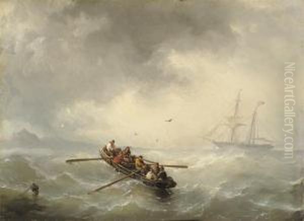 A Barge On A Choppy Sea, A Two-master In The Distance Oil Painting by Petrus Paulus Schiedges