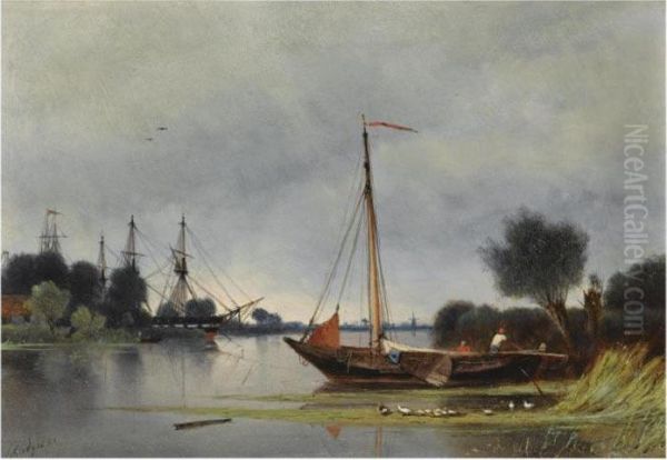 Shipping Off A River Bank Oil Painting by Petrus Paulus Schiedges