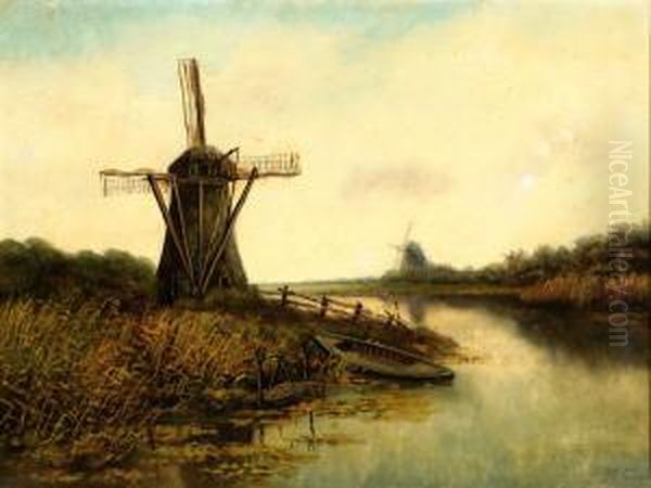 View Of A Moored Fishing Boat By A Mill Oil Painting by Petrus Paulus Schiedges