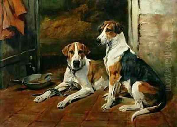 Hounds in a Stable Interior Oil Painting by John Emms