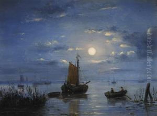 Fishing Boats By Moonlight Oil Painting by Petrus Paulus Schiedges