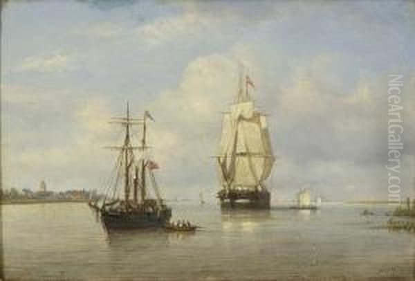 American Packet Ships Entering A Dutch Harbor. Oil Painting by Petrus Paulus Schiedges