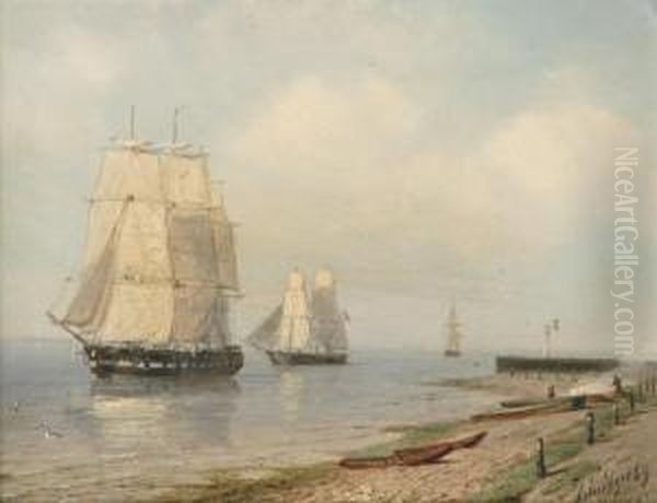 Sailingvessels Along A Shore Oil Painting by Petrus Paulus Schiedges