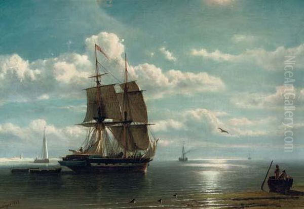 A Two-master By A Coast Oil Painting by Petrus Paulus Schiedges