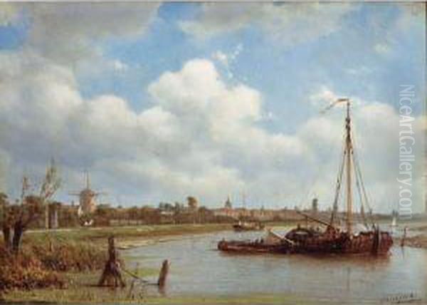 Figures On A Moored Sailing Vessel A Town In The Background Oil Painting by Petrus Paulus Schiedges