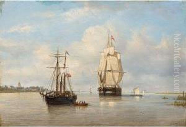 Shipping On A River Oil Painting by Petrus Paulus Schiedges