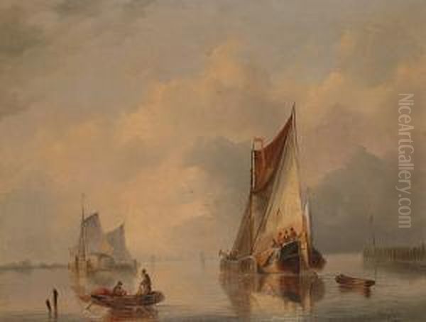 Boats In A Harbour Oil Painting by Petrus Paulus Schiedges