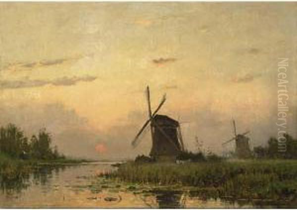 Windmills At Dawn In A Summer Landscape Oil Painting by Petrus Paulus Schiedges