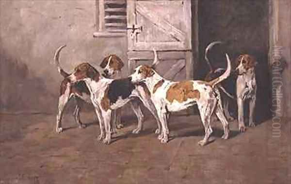 Four Hounds by a Stable Door Oil Painting by John Emms