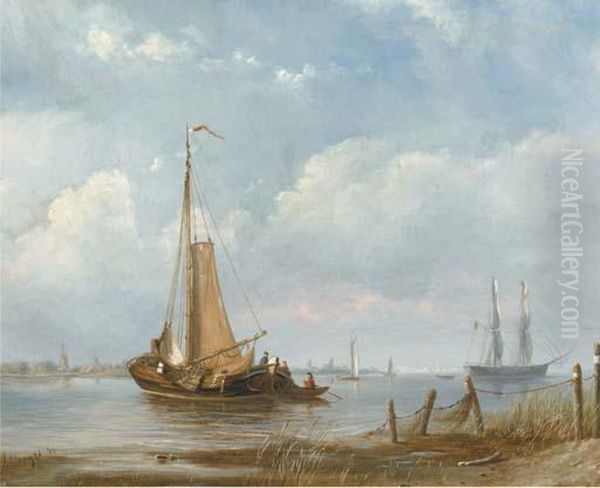 Shipping On A River Oil Painting by Petrus Paulus Schiedges