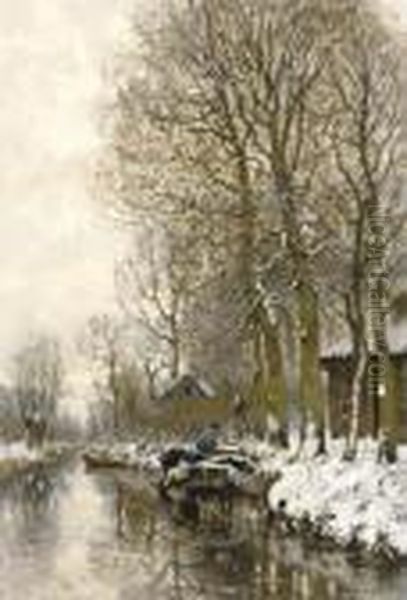 Along A Snowcovered Stream Oil Painting by Petrus Paulus Schiedges