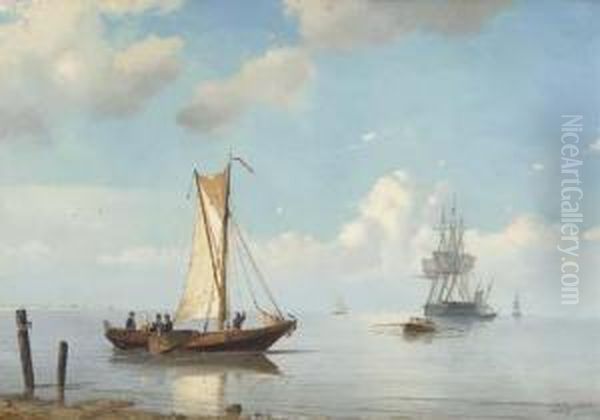 A Three-master Unloading On A Calm Summer's Day Oil Painting by Petrus Paulus Schiedges