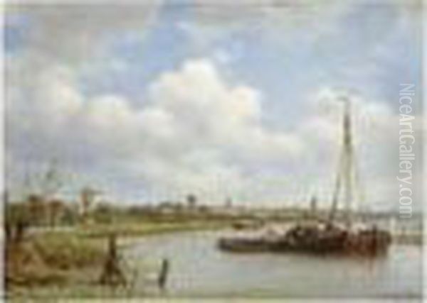 Figures On A Moored Sailing Vessel, A Town In The Background Oil Painting by Petrus Paulus Schiedges