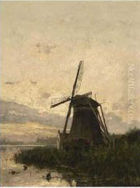 A Windmill In A Polder Landscape Oil Painting by Petrus Paulus Schiedges