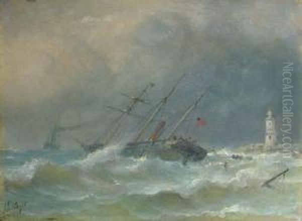 A Three-master In Distress Near A Coast Oil Painting by Petrus Paulus Schiedges