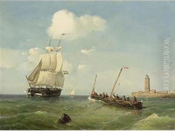 Sailing Vessels In A Calm Oil Painting by Petrus Paulus Schiedges