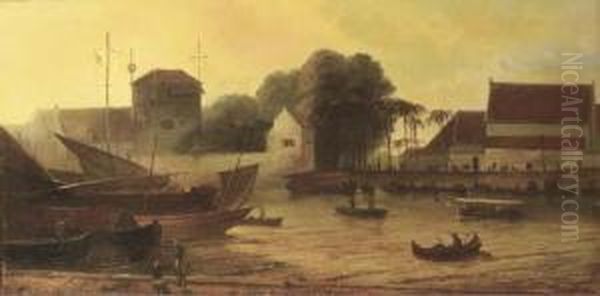 Shipping In The Harbour Of Batavia Oil Painting by Petrus Paulus Schiedges