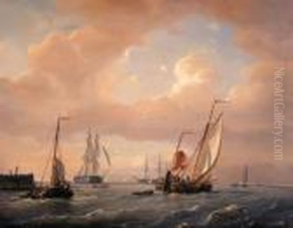 A Zwartewaalse Gaffelaar Leaving Port, Frigats In Thedistance Oil Painting by Petrus Paulus Schiedges