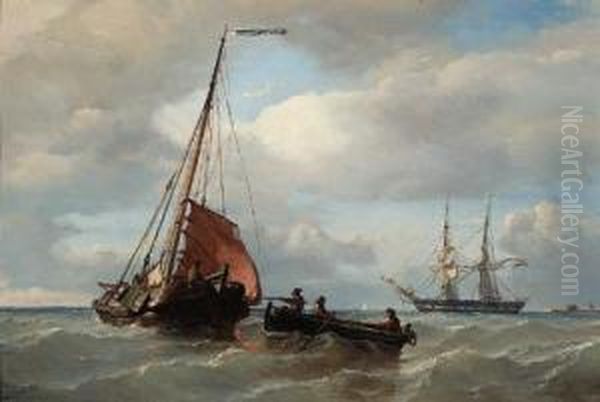 A Rowing-boat Approaching A Fishing Smack, A Dutch Frigat At Anchorin The Distance Oil Painting by Petrus Paulus Schiedges