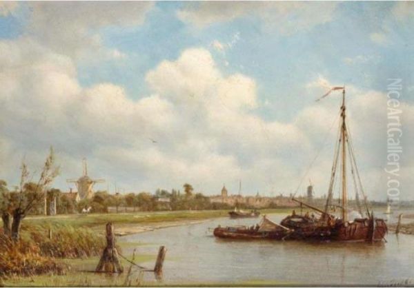 Barges Off The Coast Oil Painting by Petrus Paulus Schiedges