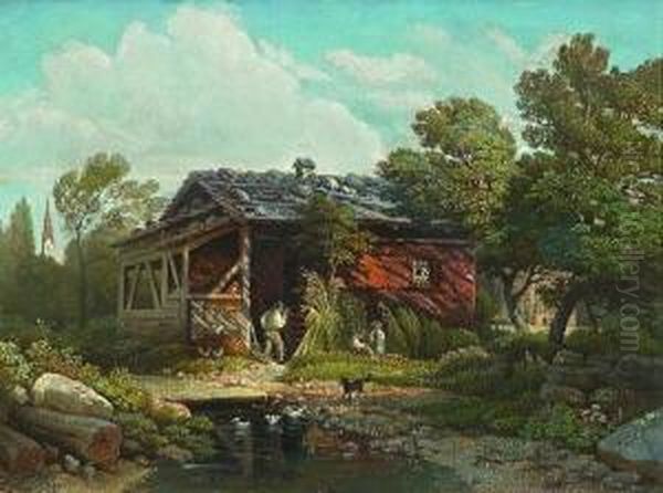 Vater Mit Kindern Vor Dem
 Bauernhaus. Oil Painting by Traugott Schiess