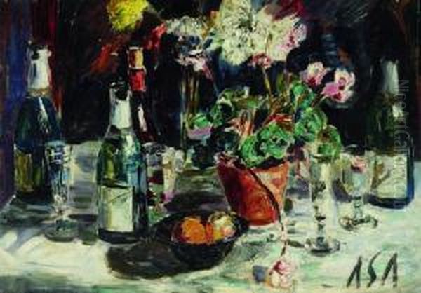 Tisch Mit Flaschen, Glasern Und Topfblume Oil Painting by Albert Schiestl-Arding